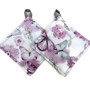 Potholder Set: Purple with Gray Butterfly Kitchen Hot Pads
