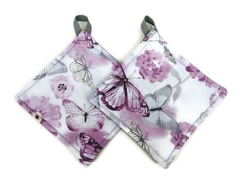 Pot holder for kitchen Pot Holder Set Oven Hot Pad Pot Holder for Cooking or Baking in a Purple and Grey Butterfly Fabric Print