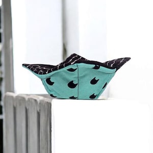 Bowl Cozy, Microwave Safe Cotton Hot Soup Bowl Pot Holder, Cat Lovers Gifts, House Warming Gift in Turquoise Cats and Meow Fabric
