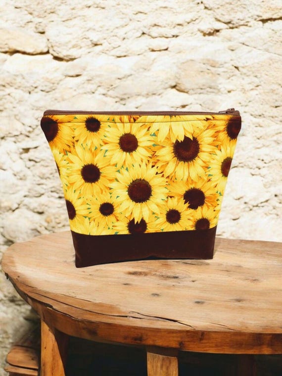 Cosmetic Bag With Sunflowers, Zippered Make up Bag, Travel Bag