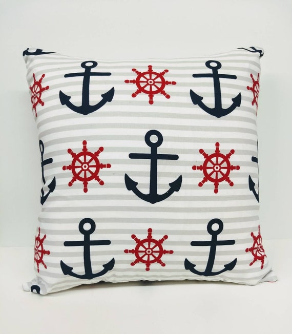 16 X 16 Inch Nautical Anchor and Wheel Stripped Throw Pillow With