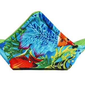 Bowl Cozy Microwave Safe Cotton Soup Hot Bowl Pot Holder in a Tropical Fish with Reef and Bright Green Fabric Print