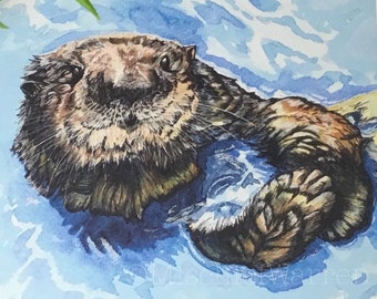 Sea Otter Card. Blank otter art card for: birthday, mothers day, fathers day, thank you, anniversary card for marine life lover.