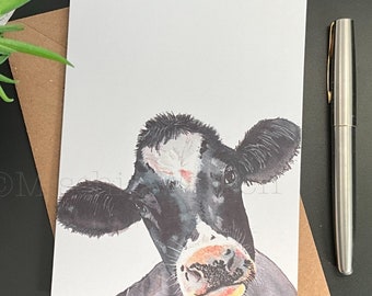 Friesian Cow Card; Personalised or blank. Black & White Farm Animal Art