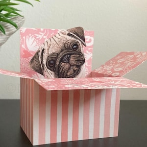 Pug Birthday Card. Personalised 3D box card for; birthday, Mother’s Day, Congratulations, Wedding. Gift card holder. Pug gift card.