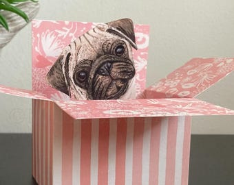 Pug Birthday Card. Personalised 3D box card for; birthday, Mother’s Day, Congratulations, Wedding. Gift card holder. Pug gift card.