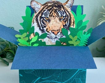 Tiger 3D box card; blank or personalised for any occasion. Animal Gift card holder.