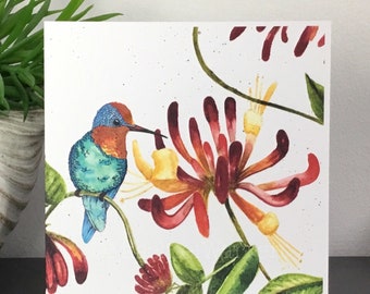 Hummingbird & Honeysuckle Art Card: Handmade Floral Note Card