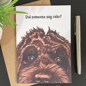 Chocolate Cockapoo Card: Did someone say cake? Funny Handmade Birthday Card.