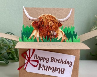 Highland Cow 3D Box Card: Personalised Scottish Coo Birthday Gift Card