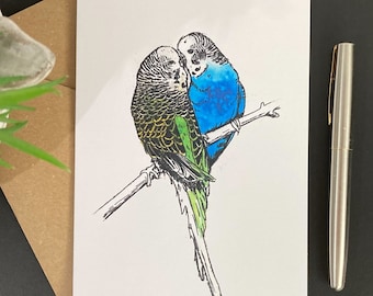 Budgie Art Card: Watercolour Budgerigar. Personalised Greeting Card for Bird lover.