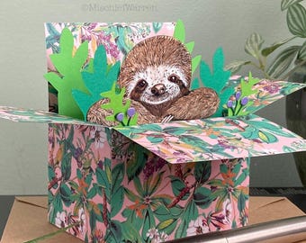 Sloth Card; floral 3D sloth in a box card. Blank or Personalised Sloth Gift Card Holder.
