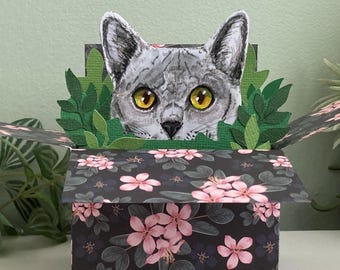 British Blue Cat Card: Personalised or Blank. 3D Gift Card holder.