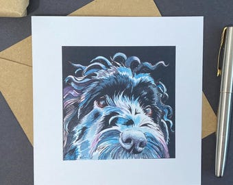Black Cockapoo Card; Blank handmade art card for dog lover.