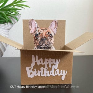Carte d'anniversaire bouledogue français. Carte boîte 3D. Vous pouvez ajouter votre message ou le porte-cartes cadeau et envoyer directement. Pour les amateurs de chiens Frenchie.