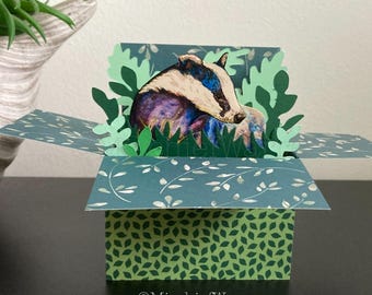 Badger Card. 3D Box Card Blank or Personalised; birthday, Mothers Day, Fathers Day, Wedding, Anniversary. Badger Gift card holder.