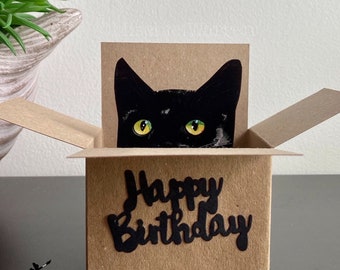 Cat Birthday Card. The Original Cat in a box card. Can add your message, or gift card holder and send direct.