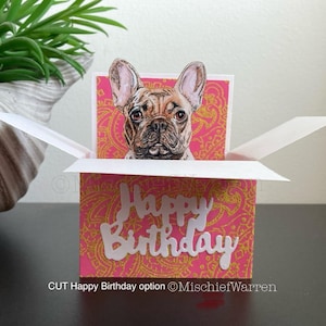 Carte d'anniversaire bouledogue français. Carte boîte 3D. Vous pouvez ajouter votre message ou le porte-cartes cadeau et envoyer directement. Pour les amateurs de chiens Frenchie.