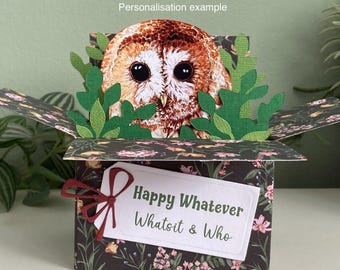 Handmade Owl Card; Personalised. 3D Floral Gift Card Holder