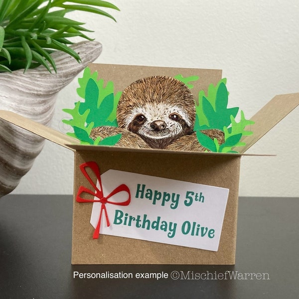 Sloth Card. 3D Personalised box card; Birthday, Thank you, Mother’s Day, Father’s Day or Christmas. Gift card holder.