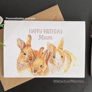 Rabbit Art Card. Blank or Personalised for; Birthday, Easter, Mother’s Day, Father’s Day or Christmas perhaps. Rabbit triplets.