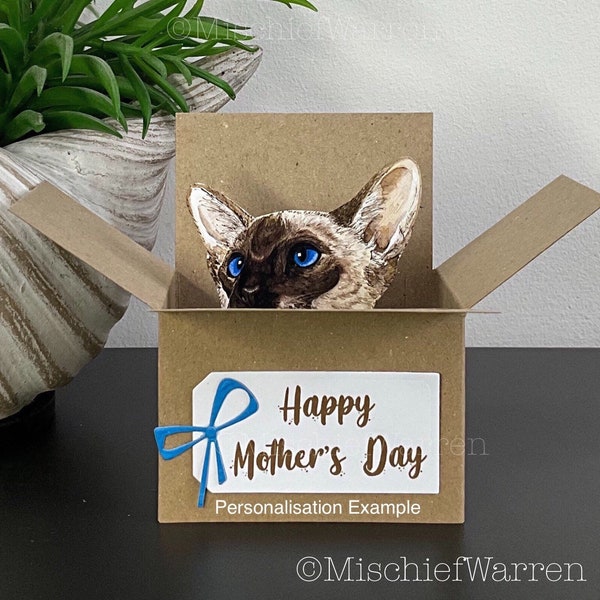 Siamese Cat Card. The Original Cat in a Box Card. Blank or Personalised; birthday, Mother’s day, Father’s Day, Christmas. Gift card holder.