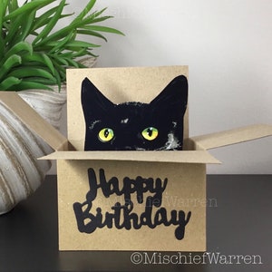 Black Cat Happy Birthday Box Card. The Original Cat in a box card. Can add your message, or gift card holder and send direct.