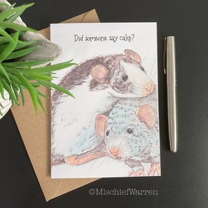 Carte fantaisie rats. Quelqu'un a dit gâteau ? Carte d'anniversaire ou de fête vierge faite main. Carte amusante pour les amoureux des rats.