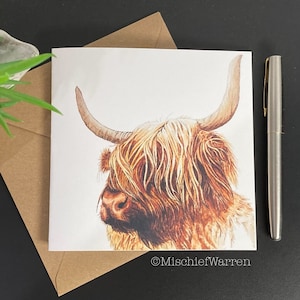 Carte d'art vache Highland ~ vierge ou personnalisée ; Anniversaire, Pâques, Fête des Mères, Fête des Pères, Noël pour les amateurs de cool écossais.