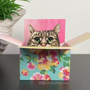 Tabby Cat Card. The Original Cat in a Box Card. Personalised 3D; birthday, Mothers Day, Fathers Day, Easter, Christmas. Gift card holder.