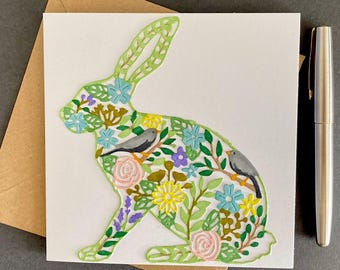 Rabbit or Hare Card. Handmade, individually hand coloured, unique blank card for rabbit or nature lover.