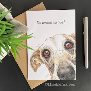 Carte Whippet Greyhound ~ Vous avez dit gâteau ? Carte d'anniversaire ou de fête vierge faite main. Carte d'art drôle pour les amoureux des chiens.