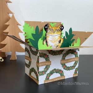 Frosch-Weihnachtskarte. 3D Frosch Box Karte, personalisiert. Weihnachtsgeschenkkartenhalter.