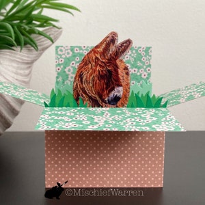 Carte âne Baudet du Poitou. Carte boîte 3D personnalisée ; Anniversaire, Pâques, fête des mères, fête des pères, Noël. Porte-cartes cadeau.