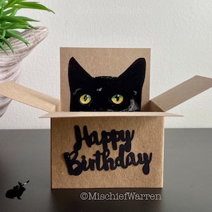 Tarjeta de feliz cumpleaños del gato negro. El gato original en una tarjeta de caja. Puede agregar su mensaje o titular de la tarjeta de regalo y enviarlo directamente.