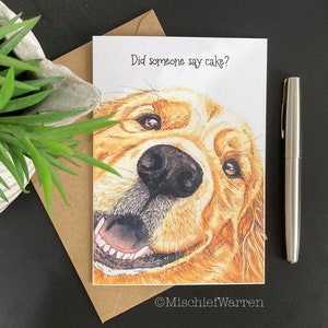 Quelqu'un a dit gâteau ? Carte de chien Golden Retriever. Carte d'anniversaire ou de fête vierge faite main. Carte d'art drôle pour les amoureux des chiens.