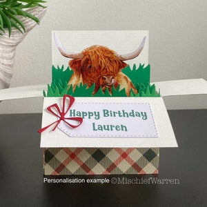 May include: A pop-up card featuring a Highland cow emerging from a green grass field. The card is open and the inside reads "Happy Birthday Lauren".