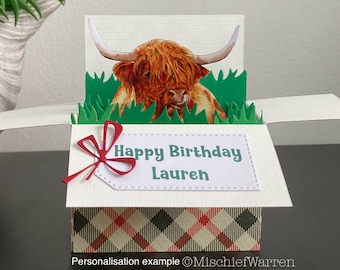 Highland Cow Card; Personalised or Blank. Scottish Coo Pop-up Birthday Gift Card Holder