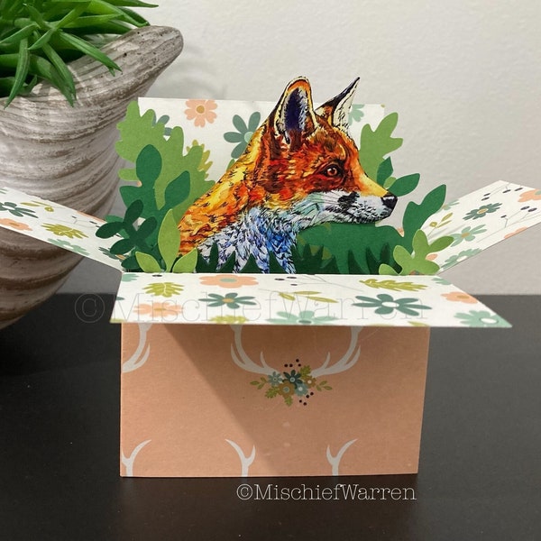 Red Fox Card. Blank or personalised 3D box card; Birthday, Mother’s Day, Easter, Father’s Day, Christmas card. Gift card holder.