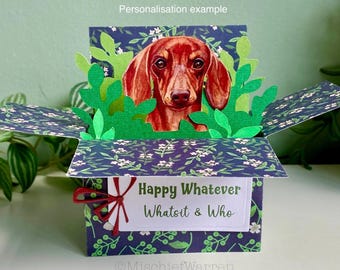 3D Dachshund Card: Personalised of Blank. Brown Sausage Dog Gift Card Holder.