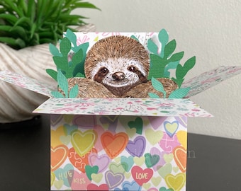 Sloth Card. 3D Love Hearts Sloth Box card. Blank or personalised; valentines day, mothers day, wedding, anniversary, Gift card holder.