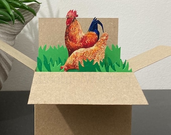Rooster + hen Card. Blank 3D box card or Personalised; Birthday, Mothers or Fathers Day, Thank you. Gift card holder. Cockerel + chicken.