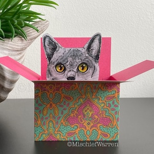 Carte chat gris bleu. Le chat original dans une boîte. Anniversaire, fête des mères, mariage, porte-cartes cadeau d'anniversaire. Personnalisé.