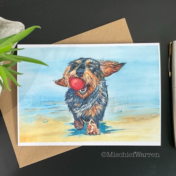 Happy Dachshund Card; Daschund dog art card from my Watercolour painting of a Wire Haired Dachshund on the Beach.