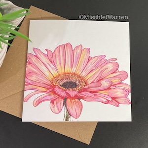 Rosa Gerbera Daisy Kunst Karte. Blank oder personalisiert; Geburtstag, Muttertag, Ostern, Hochzeit oder Dankeschön vielleicht.