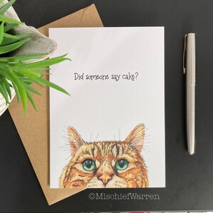 Tabby cat card. Did someone say cake? Handmade blank birthday or celebration card. Funny art card for cat lover.