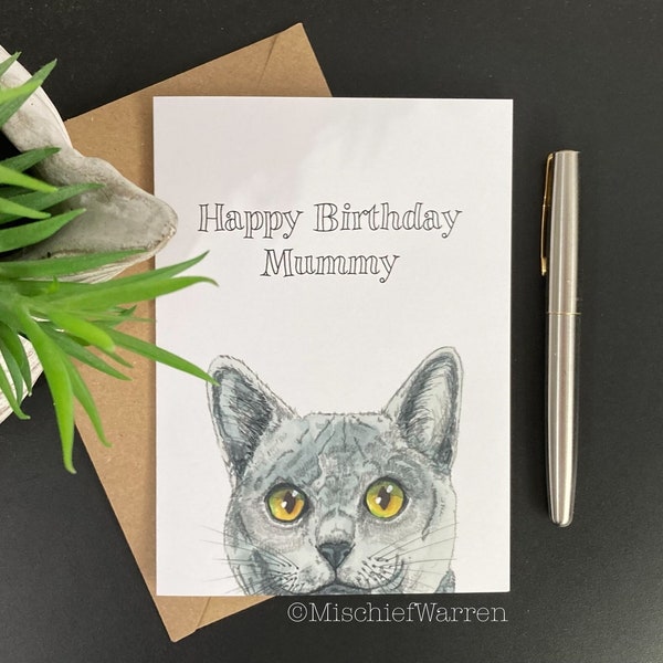 Grey cat card. Chartreux, blue British shorthair or Korat cat. Blank or Personalised: birthday, Easter, Mother’s Day, Father’s Day.