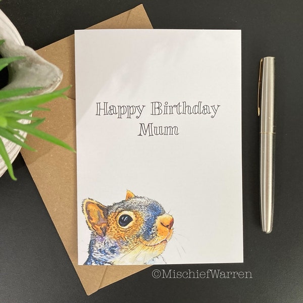 Squirrel Birthday Card. Personalised or blank card from my grey squirrel illustration for nature lover. Can be sent direct.