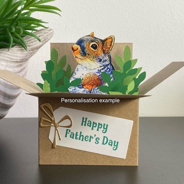 Squirrel Card. Personalised 3D box card for; Birthday, Mothers or Fathers Day, thank you, Christmas. Gift card holder.