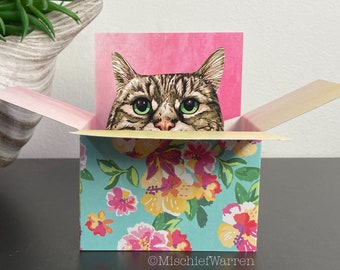 Tabby Cat Card. The Original Cat in a Box Card. Personalised 3D; birthday, Mothers Day, Fathers Day, Easter, Christmas. Gift card holder.